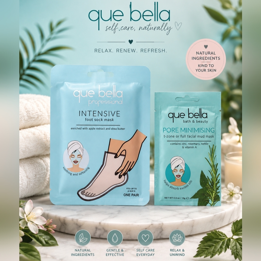 Que Bella Bath & Body Foot Care Sock Mask & Pore Minimising Facial Mud Mask Set
